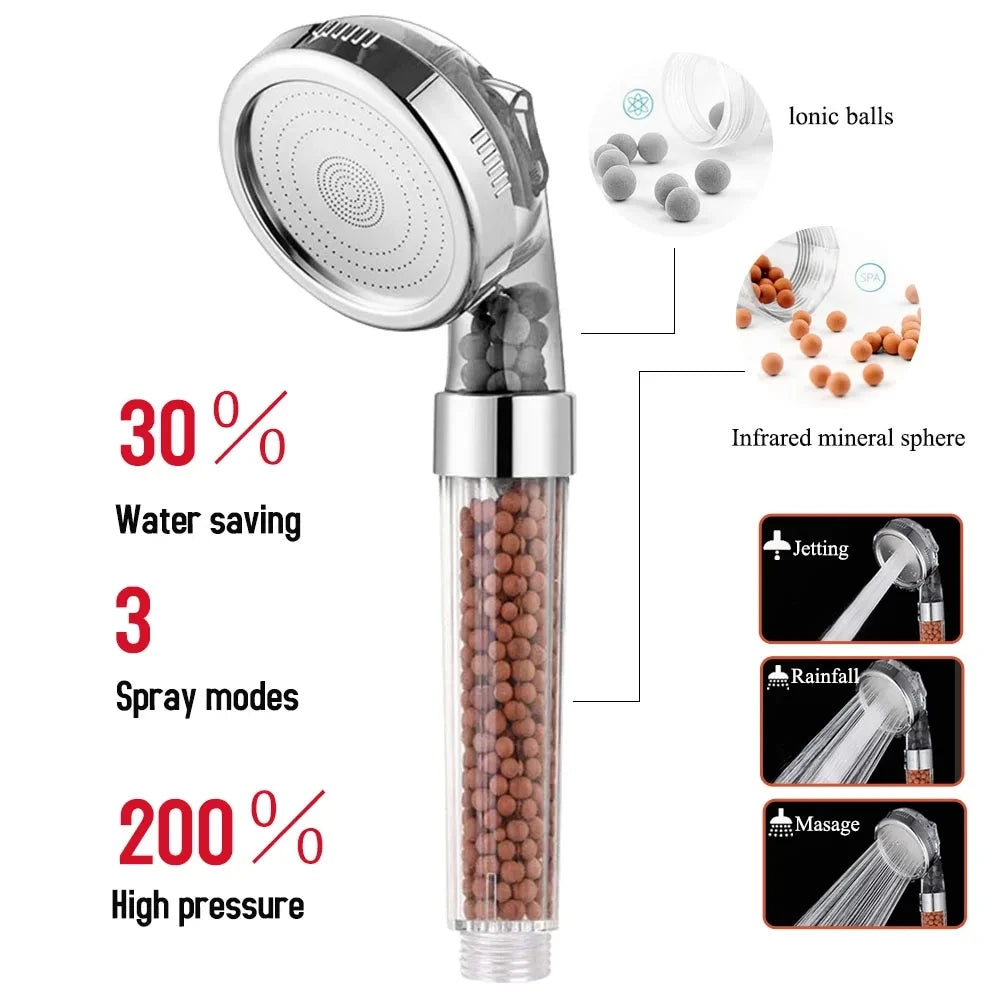 New 3 Functions High Pressure SPA Shower Head Water Saving Handheld Rainfall Bathroom Accessories Anion Filter Shower