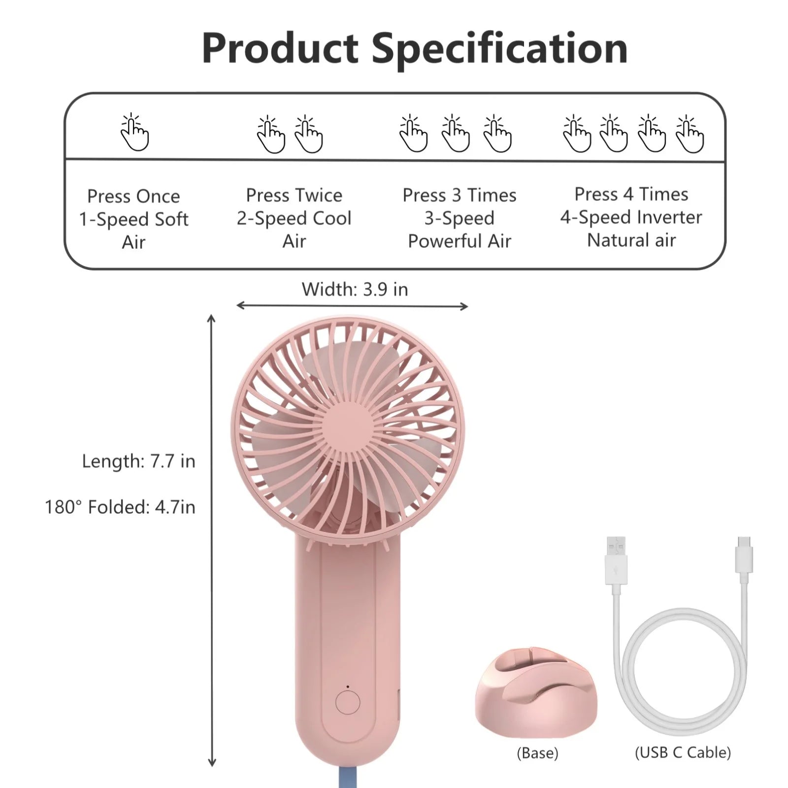 Portable Handheld Fan Small Hand Fan 4000Mah Battery Operated, USB Rechargeable Mini Personal Fan for Women/Travel/Outdoor - Pink