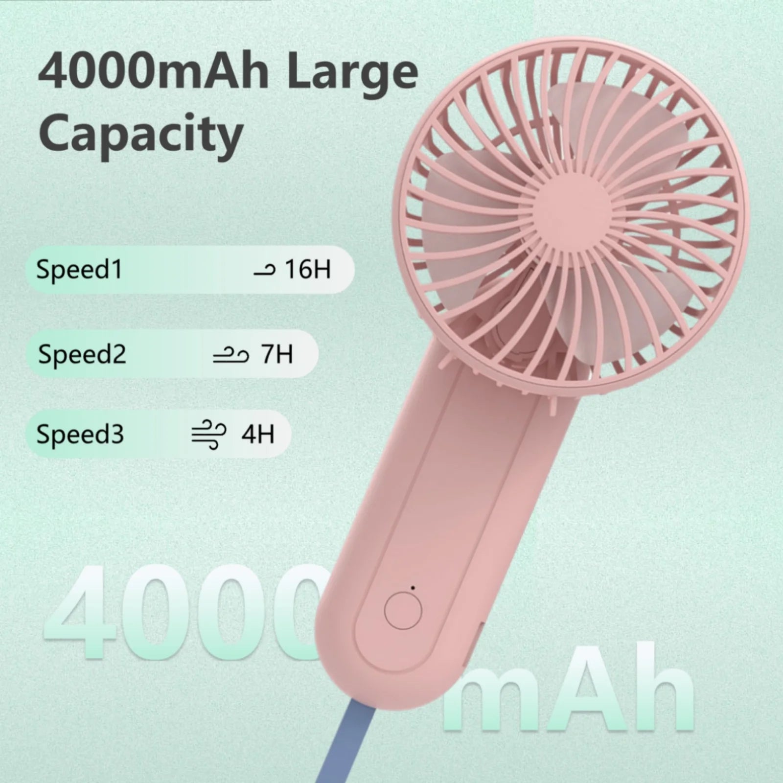 Portable Handheld Fan Small Hand Fan 4000Mah Battery Operated, USB Rechargeable Mini Personal Fan for Women/Travel/Outdoor - Pink