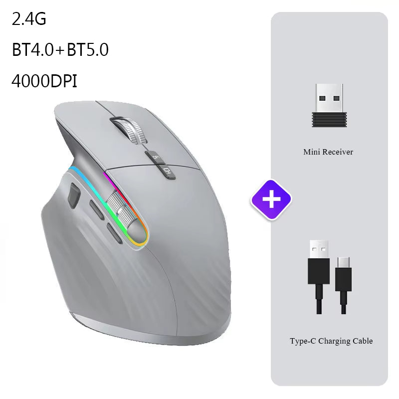 Wireless Mouse Bluetooth+2.4G Tri-Mode Mouse Mute Mice Ergonomic Gaming Mouse USB-C Rechargeable 5 DPI for Laptop PC Notebook