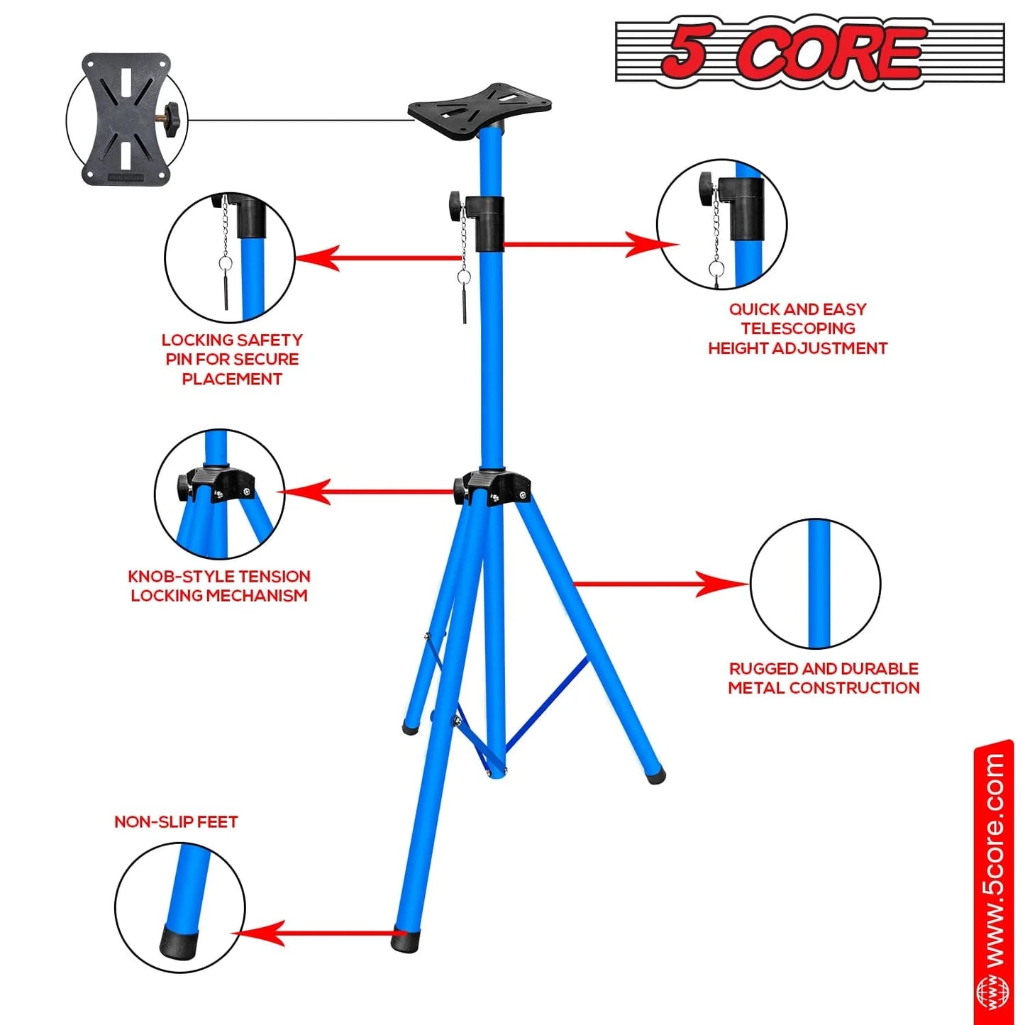 5Core Speaker Stand Tripod Tall Adjustable 72 Inch DJ Studio Monitor Stands Pole Mount BLUE