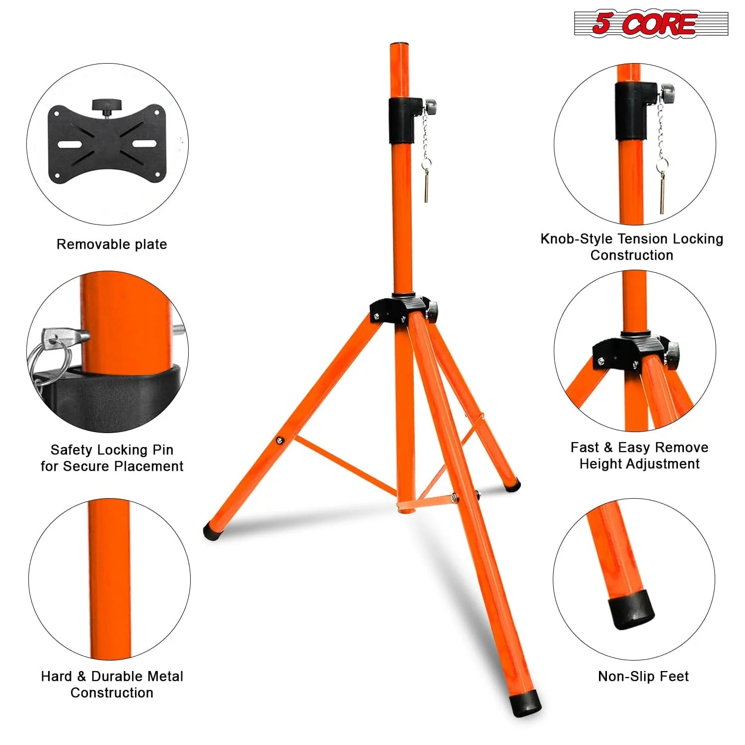 5 Core Speaker Stand Tripod Heavy Duty Adjustable up to 72 Inch DJ Studio Monitor Stands Pole Mount Orange