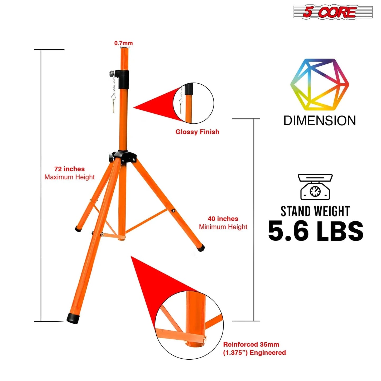 5 Core Speaker Stand Tripod Heavy Duty Adjustable up to 72 Inch DJ Studio Monitor Stands Pole Mount Orange