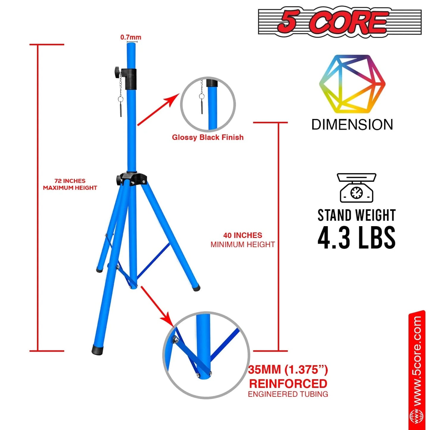 5Core Speaker Stand Tripod Tall Adjustable 72 Inch DJ Studio Monitor Stands Pole Mount BLUE