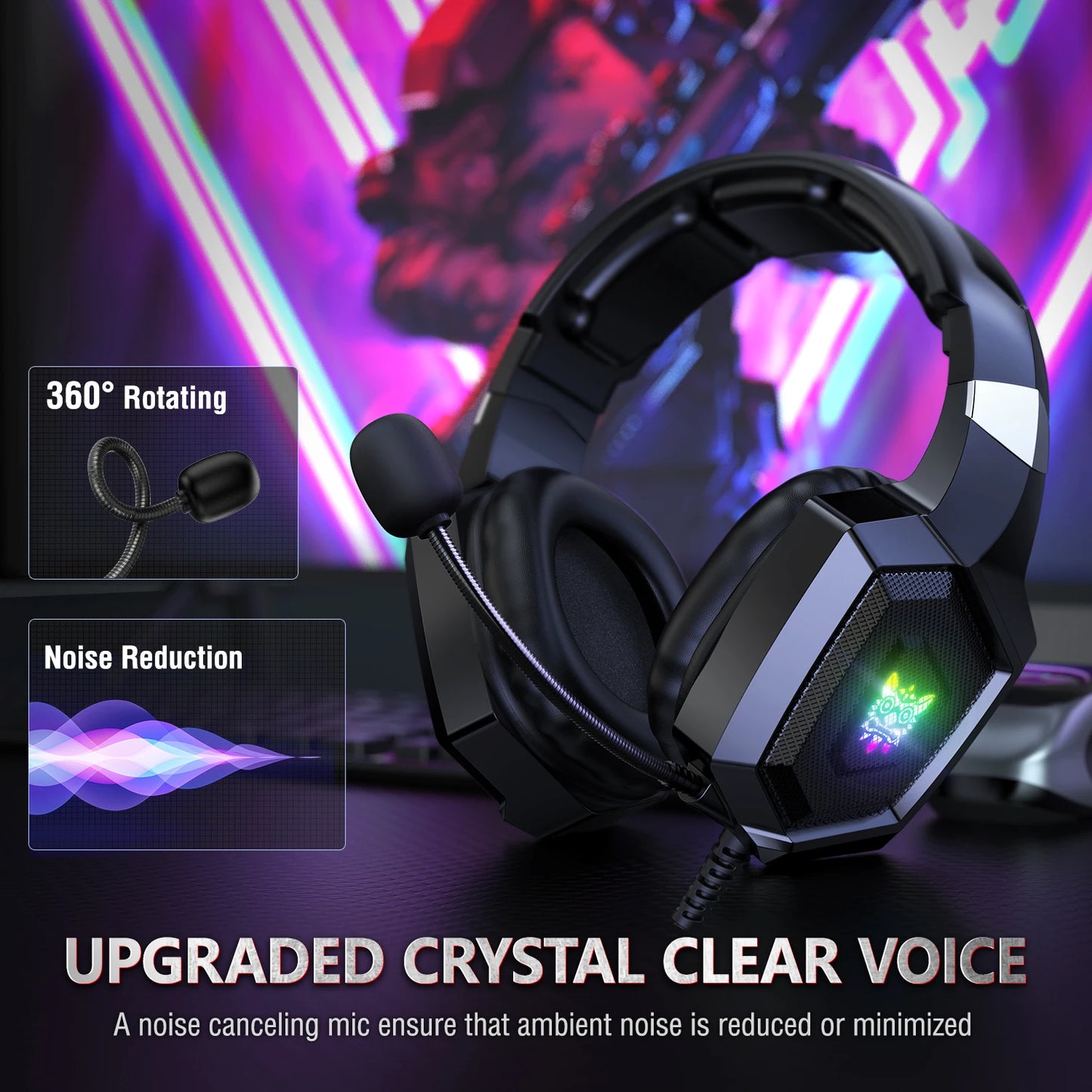 K8 Gaming Headphones with Flexible HD Mic RGB Light Surround Sound Over-Ear Wired Headset Gamer for PC Gaming Xbox