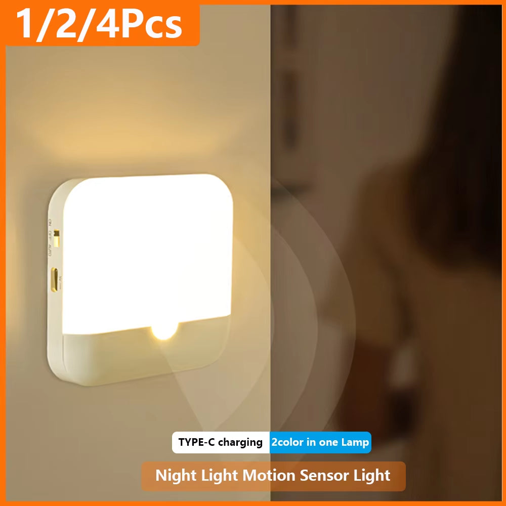 Motion Sensor Light Led Usb TYPE-C Charging Square Lamp for Bedroom Kitchen Stair Hallway Wardrobe Cupboard Lighting Night Light