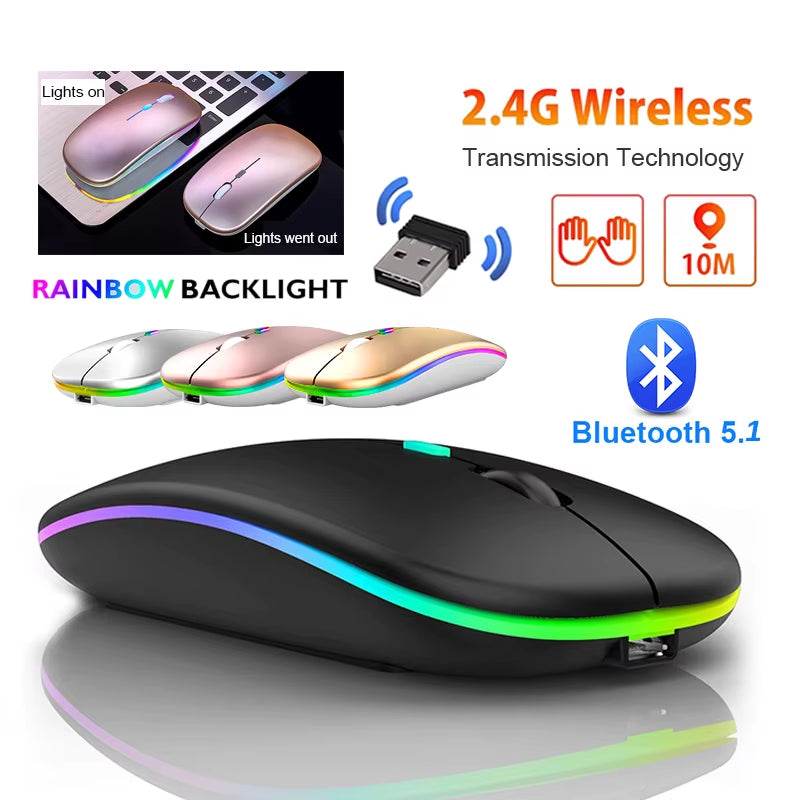 Rechargeable Bluetooth 5.1 Wireless Mouse with 2.4Ghz USB RGB 1600DPI Mouse for Macbook Tablet Computer Laptop PC Mice