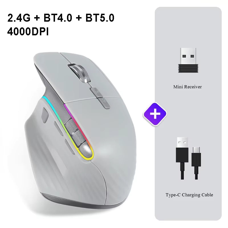 Wireless Mouse Bluetooth+2.4G Tri-Mode Mouse Mute Mice Ergonomic Gaming Mouse USB-C Rechargeable 5 DPI for Laptop PC Notebook